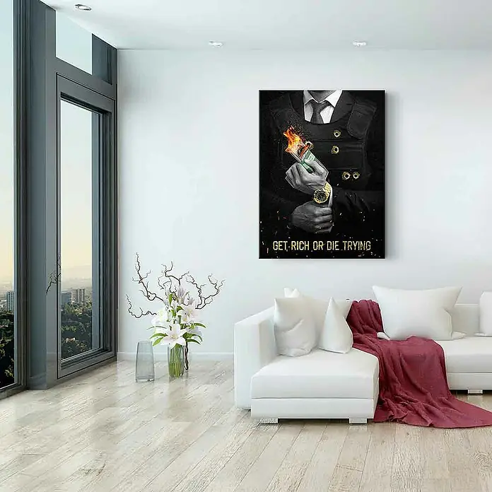 Dotcomcanvas Leinwandbild - Get Rich Or Die Trying, B x H: 30 x 40 cm - Das Wandbild "Get Rich or Die Trying" zeigt eine Person im Anzug mit brennendem Geld, ein auffälliges Kunstwerk für moderne Räume.