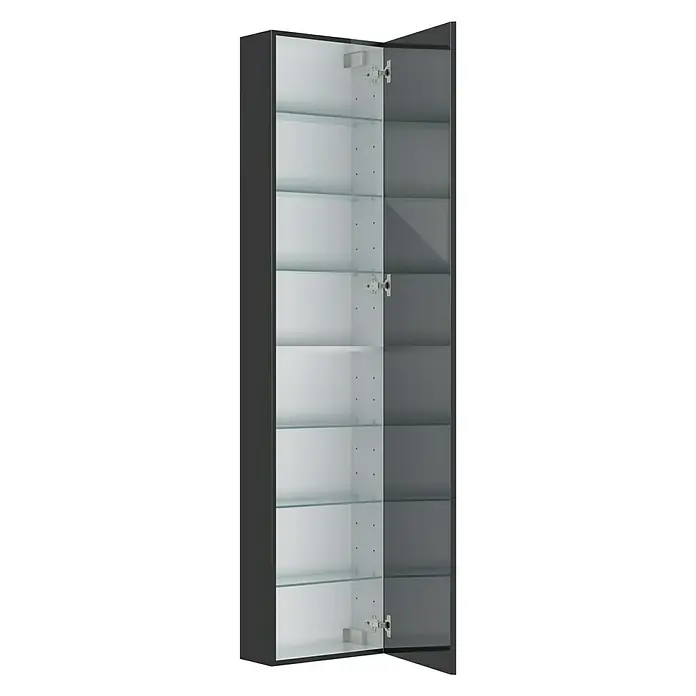 Camargue Espacio Hochschrank - 40 x 17 x 170 cm, Gama anthrazit glänzend - Ein hochformatiger, grauer Hochschrank mit offenen Glastüren und Glasböden, der stilvolle Stauraumlösungen bietet.