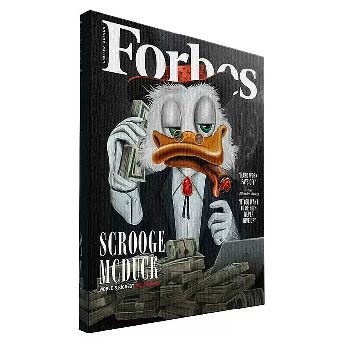 Dotcomcanvas Leinwandbild - Billionaire Duck, B x H: 30 x 40 cm - Leinwanddruck eines Forbes-Magazintitels mit Dagobert Duck, Geldbündeln und inspirierenden Zitaten.
