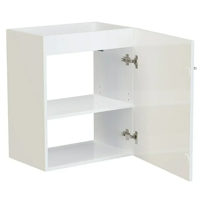 Camargue Espacio Waschtischunterschrank - 50 x 33 x 60 cm, Mira - Ein weißer, offener Hängeschrank mit einer Tür, der zwei Ablagefächer bietet und viel Stauraum im Badezimmer ermöglicht.