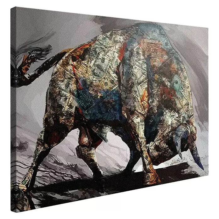 Dotcomcanvas Leinwandbild - Money Bull, B x H: 120 x 90 cm - Leinwandbild eines kraftvollen Stiers, gestaltet aus einer Collage von US-Dollar-Scheinen.