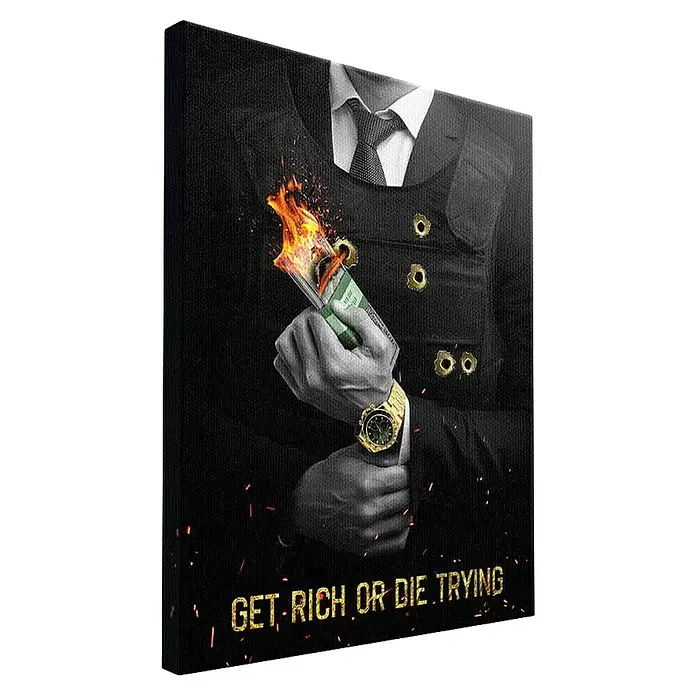 Dotcomcanvas Leinwandbild - Get Rich Or Die Trying, B x H: 30 x 40 cm - Leinwandbild mit Mann in Anzug und Schutzweste, der brennendes Geld hält, goldene Uhr und Schriftzug „GET RICH OR DIE TRYING“.