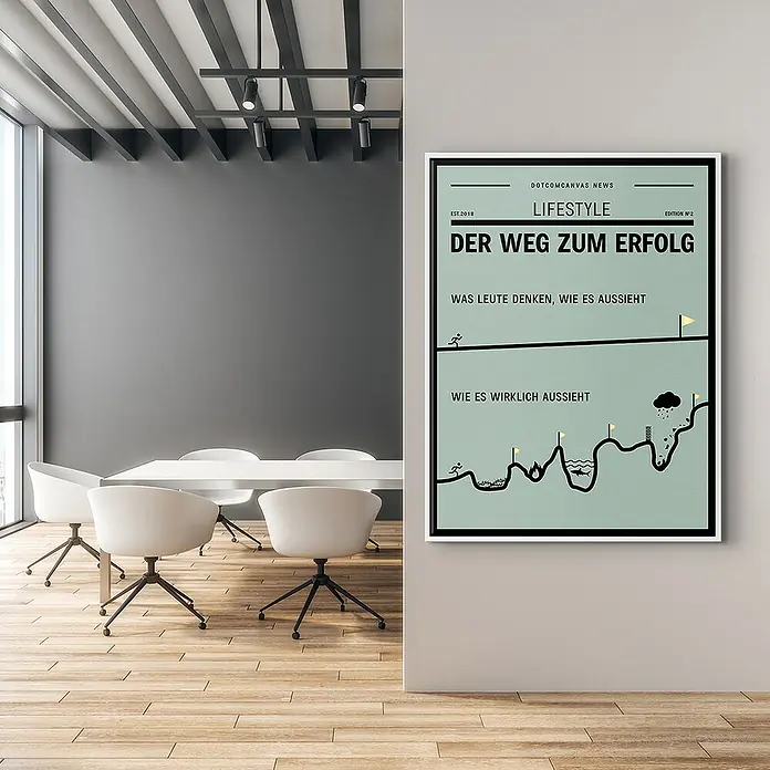 Dotcomcanvas Leinwandbild - Road To Success, B x H: 150 x 200 cm - Das Bild zeigt ein gerahmtes Poster mit dem Titel "Der Weg zum Erfolg" in einem modern eingerichteten Büro.