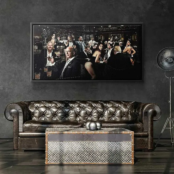 Dotcomcanvas Leinwandbild - Business Meeting, B x H: 150 x 75 cm - Das Gemälde zeigt eine extravagante Szene im Interieur, hängt über einem Ledersofa und einem Tisch und verleiht dem Raum eine luxuriöse Atmosphäre.