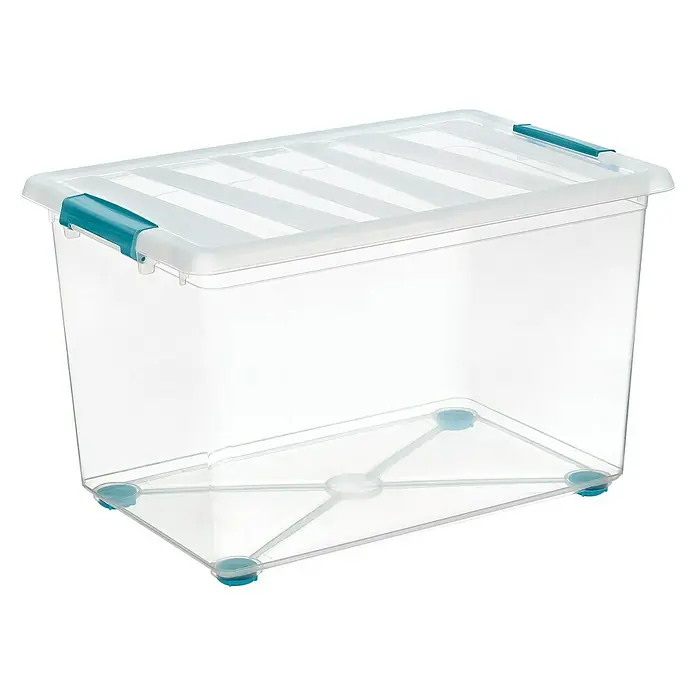 Caja con ruedas Katla - L x An x Al: 39 x 59 x 36,5 cm, 57 l - Caja de almacenamiento transparente con detalles verde azulado. Solución práctica para guardar objetos del hogar eficientemente.