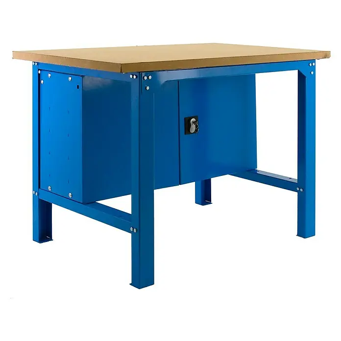 Simonrack Simonwork Banco de trabajo BT6 Cabinet - L x An: 76 x 120 cm, Altura de trabajo: 86,5 cm, Carga soportada: 600 kg, Azul - Un banco de trabajo azul con una superficie de trabajo marrón claro y un compartimento con cerradura, que ofrece un espacio de almacenamiento práctico.
