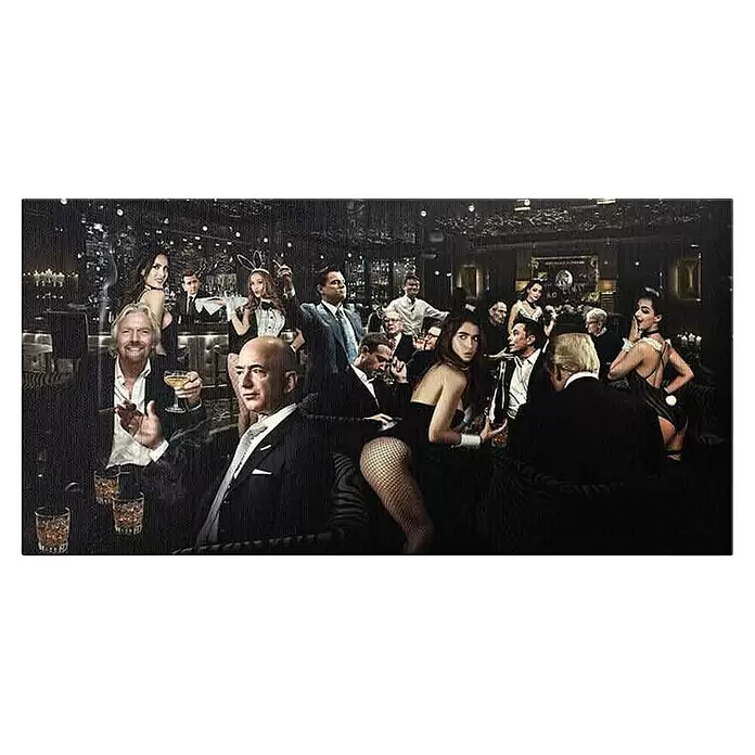 Dotcomcanvas Leinwandbild - Business Meeting, B x H: 150 x 75 cm - Kunstwerk: Opulente, dämmerige Clubszene mit prominenten Figuren und Frauen in Hasenkostümen.