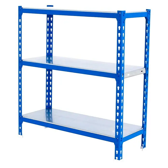 Simonrack Simonclick Metallregal Simonclick Mini - H x B x T: 90 x 80 x 40 cm, Traglast pro Boden: 180 kg, Anzahl Böden: 3 Stk., Stecken, Blau/Silber - Dreiregal mit blauen Rahmen und weißen Regalböden, ideal für Lagerung und Organisation.