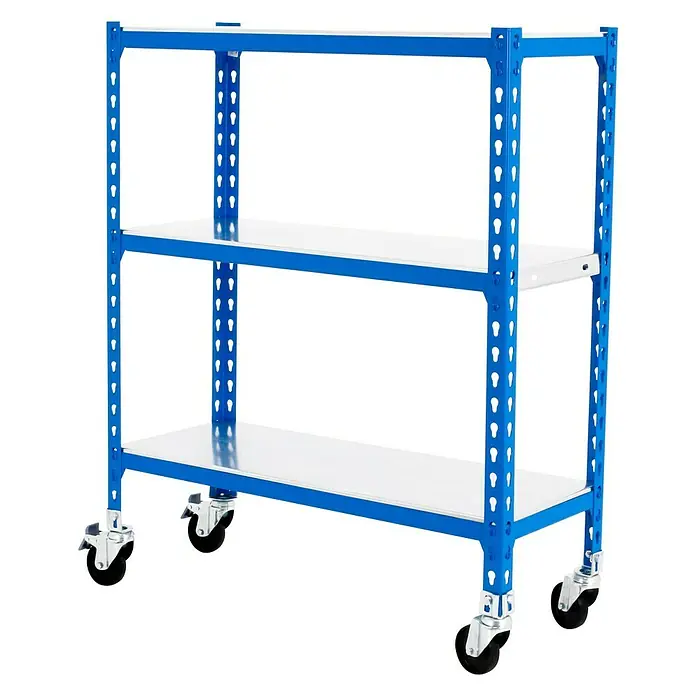 Simonrack Simonclick Estantería metálica Mobile Superplus - Al x An x Pr: 97,5 x 110 x 40 cm, Número de baldas: 3 ud., Inserción, Azul - Carro azul resistente con dos estantes y compartimentos ajustables para almacenamiento y transporte.