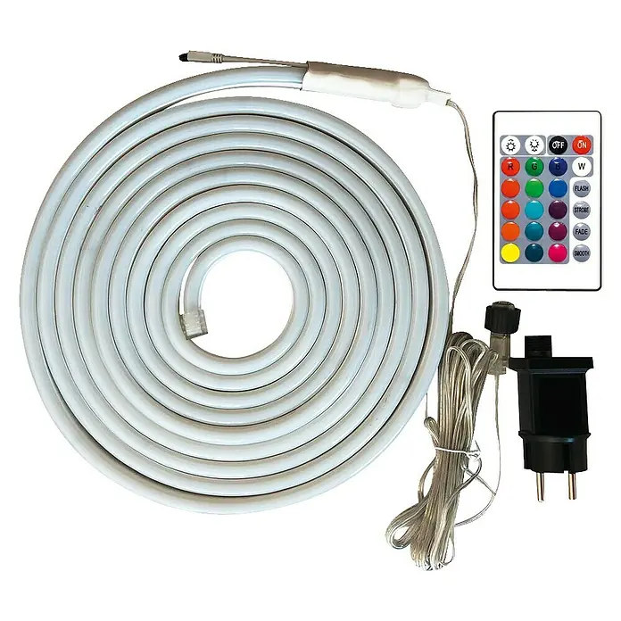 Starlux Tira de luces LED - 5 m, 6 W, RGB - Imagen de una luz de neón LED flexible con control remoto y fuente de alimentación. La luz está enrollada en espiral.