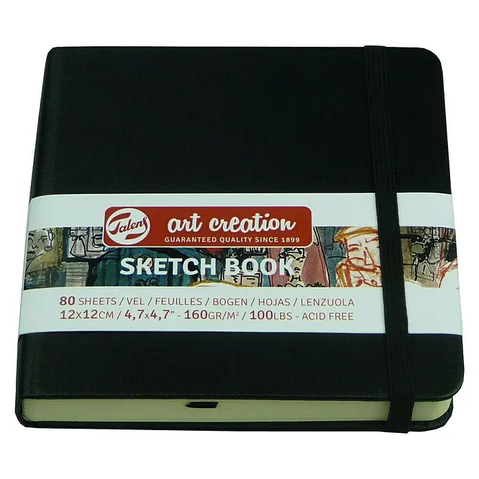Talens Art Creation Bloc para esbozos Sketch book 12 - 140 g/m² - Primer plano de un cuaderno de bocetos Talens Art Creation, 80 hojas, 12x12cm, con cierre de goma elástica.