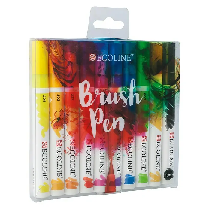 Talens Ecoline Set de marcadores de efecto lacado Brushpen - 10 ud., Multicolor - Un paquete de rotuladores de pincel Ecoline con una variedad de colores, perfecto para proyectos de arte e ilustraciones.