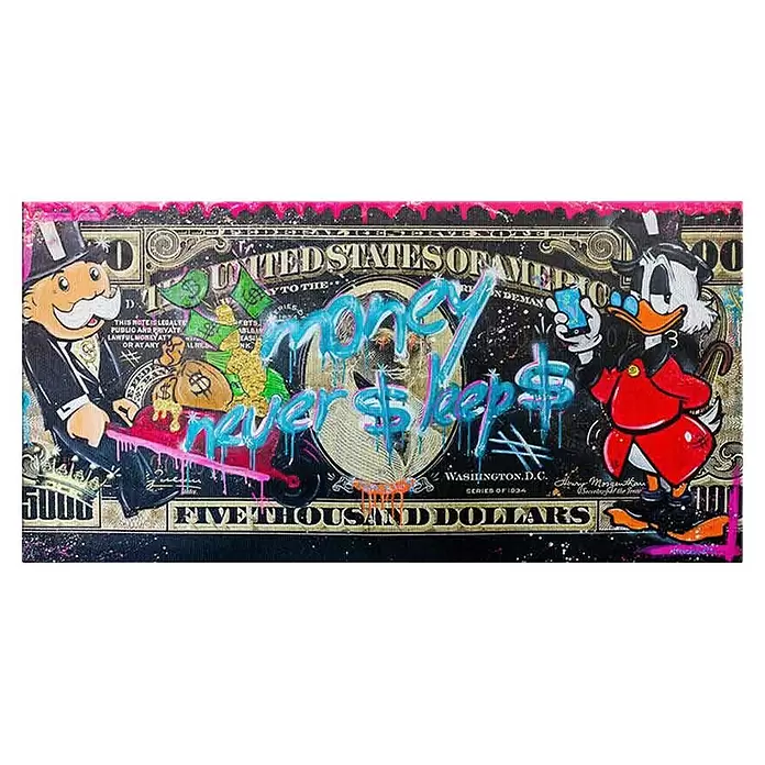 Dotcomcanvas Leinwandbild - Money Never Sleeps 3.0, B x H: 120 x 60 cm - Lebhafte Graffiti-Kunst mit Mr. Monopoly und Dagobert Duck auf einer stilisierten Fünftausend-Dollar-Banknote, mit 'money never sleeps'.