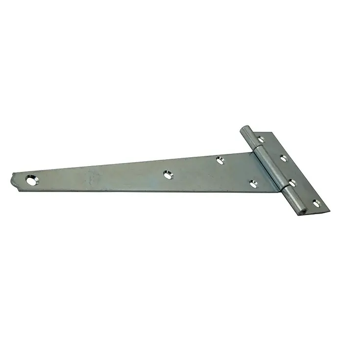 Stabilit T-Kistenband - L x B: 29 x 120 mm, Stärke: 1,5 mm, Verzinkt - Nahaufnahme eines T-Bands, eines Metallscharniers in T-Form, das typischerweise für Tore und Türen verwendet wird.