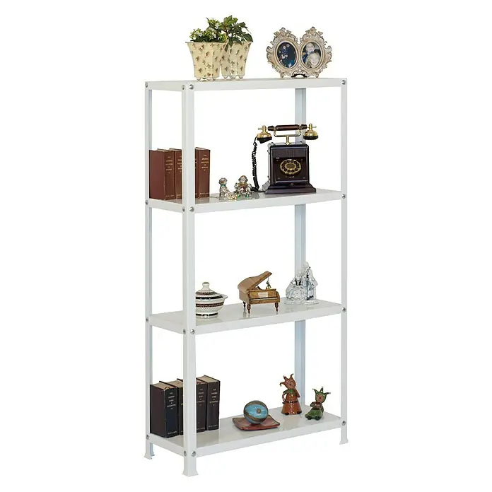 Simonrack Simonhome Metallregal Classic Plus - H x B x T: 160 x 100 x 30 cm, Traglast pro Boden: 100 kg, Anzahl Böden: 4 Stk., Schrauben, Weiß/Weiß - Aufnahme eines weißen Regals mit dekorativen Gegenständen, das eine elegante und organisierte Präsentation von Büchern, Pflanzen und Ziergegenständen bietet.