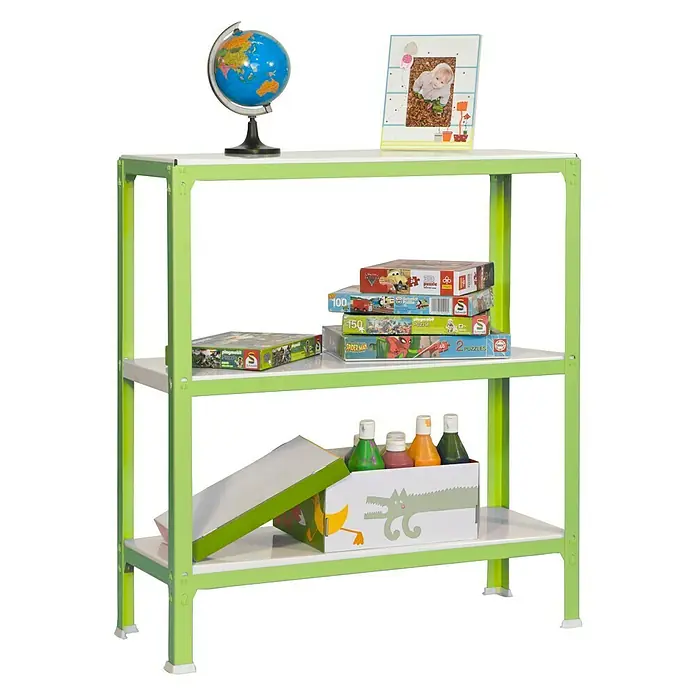 Simonrack Simonhome Metallregal Click Metall Mini - H x B x T: 90 x 80 x 40 cm, Traglast pro Boden: 150 kg, Anzahl Böden: 3 Stk., Stecken, Grün/Weiß - Dreistufiges, grün umrandetes Bücherregal mit Spielsachen und Dekoartikeln.