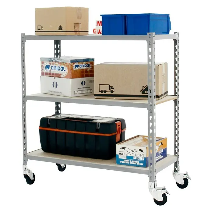 Simonrack Maderclick Estantería metálica Mobile Mini - Al x An x Pr: 90 x 80 x 40 cm, Número de baldas: 3 ud., Inserción, Gris - Una estantería de tres niveles con varias cajas, una caja de herramientas y un contenedor azul dispuestos en estantes gris claro.