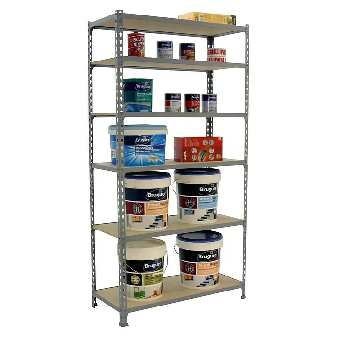 Simonrack Maderclick Metallregal Maderclick - H x B x T: 250 x 90 x 30 cm, Traglast pro Boden: 150 kg, Anzahl Böden: 6 Stk., Stecken, Grau - Ein Regal voller Bruguer Farben und Lacke. Verschiedene Größen und Sorten für jeden Bedarf, übersichtlich angeordnet.