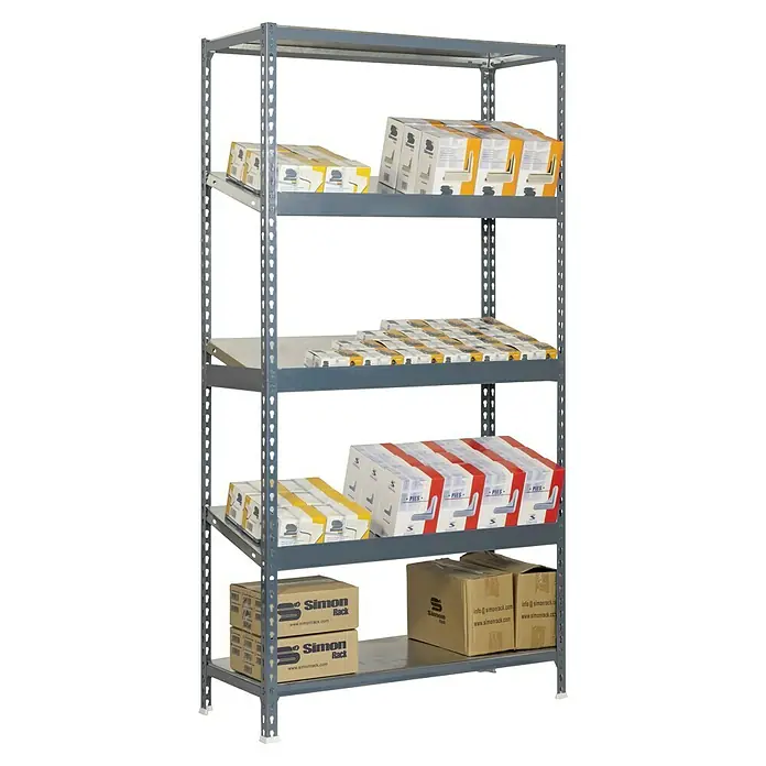 Simonrack Simonclick Metallregal Simonexpo - H x B x T: 200 x 100 x 40 cm, Traglast pro Boden: 200 kg, Anzahl Böden: 5 Stk., Stecken, Grau/Grau - Ein graues Regal mit fünf Ebenen, auf denen diverse Produktverpackungen verschiedener Art ordentlich platziert sind.
