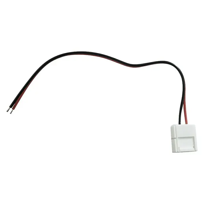 Alverlamp Cable de conexión para tiras LED 1,5 - 15,5 m - Primer plano de un conector de cable blanco con cables negros y rojos adjuntos, sobre un fondo negro.