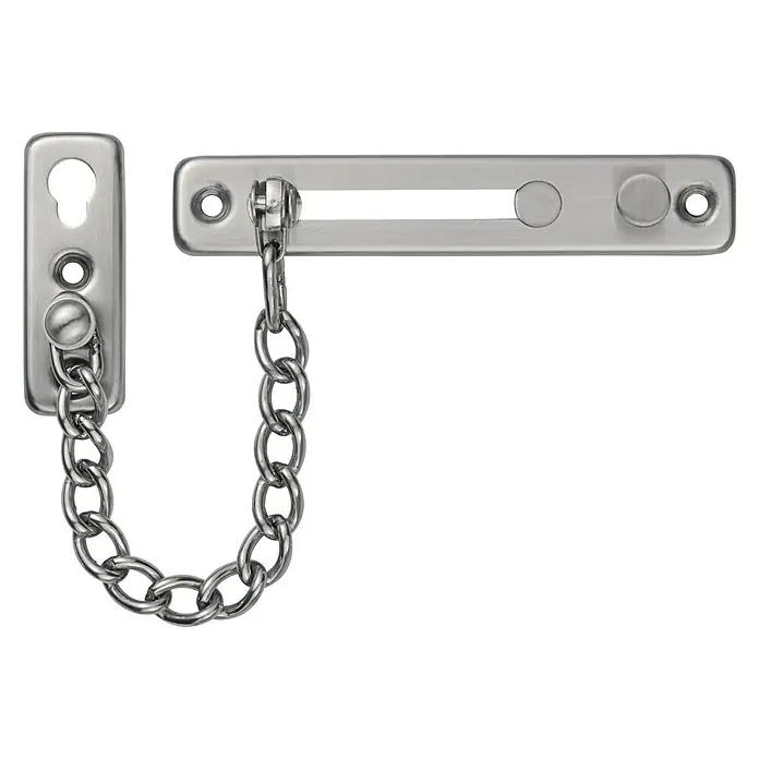Abus Cadena de puerta SK175 - Longitud de cadena: 17,5 cm, Níquel - Primer plano de un protector de puerta de cadena de metal, que consta de dos placas y una cadena que brinda seguridad adicional.