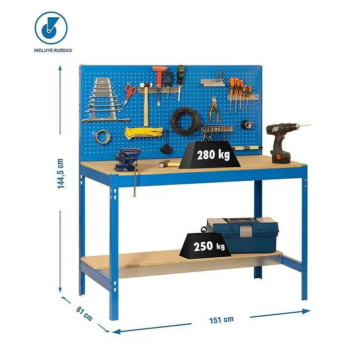 Simonrack Simonwork Banco de trabajo BT2 Mobile - L x An: 61 x 151 cm, Altura de trabajo: 144,5 cm, Carga soportada: 120 kg, Azul - Imagen de un banco de trabajo azul con herramientas, soporta una carga máxima de 280 kg en la superficie y 250 kg en la balda.