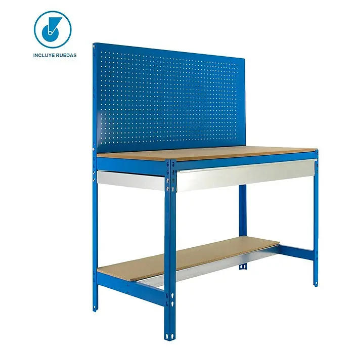 Simonrack Simonwork Banco de trabajo BT2 Box Mobile - L x An: 61 x 91 cm, Altura de trabajo: 144,5 cm, Carga soportada: 120 kg, Azul - Banco de trabajo azul con panel perforado y tablero de madera, ideal para taller y aficionados al bricolaje. Incluye estante.