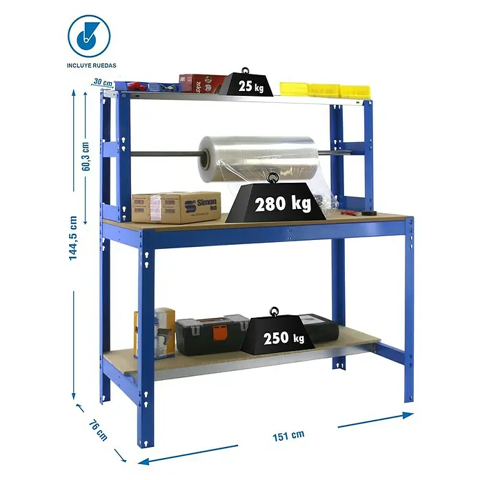 Simonrack Simonwork Banco de trabajo BT4 Mobile - L x An: 76 x 151 cm, Altura de trabajo: 144,5 cm, Carga soportada: 120 kg, Azul - Un banco de trabajo azul con tres niveles, que muestra pesos y herramientas para demostrar la capacidad de carga. Incluye dimensiones.