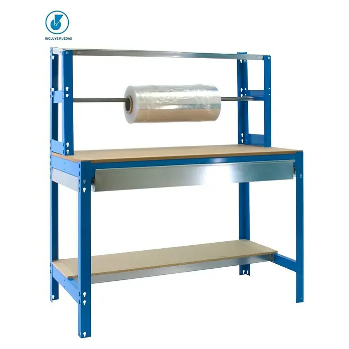 Simonrack Simonwork Banco de trabajo BT4 Box Mobile - L x An: 76 x 91 cm, Altura de trabajo: 144,5 cm, Carga soportada: 120 kg, Azul - Imagen de una estación de mesa de embalaje azul con portarrollos y estantes de almacenamiento. Ideal para almacén y envío.