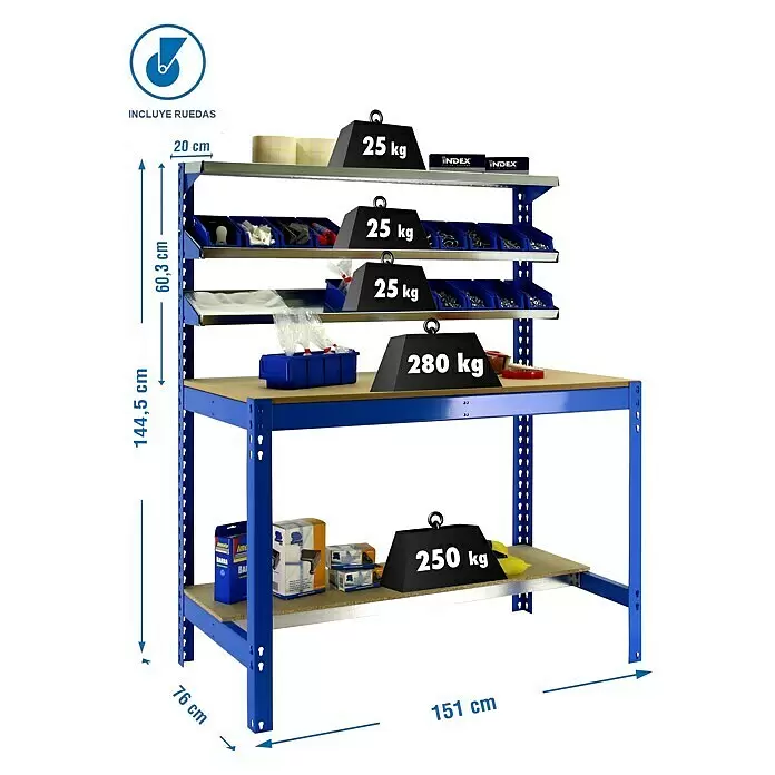 Simonrack Simonwork Banco de trabajo BT1 Mobile - L x An: 76 x 151 cm, Altura de trabajo: 144,5 cm, Carga soportada: 120 kg, Azul - Banco de trabajo azul resistente con estantes superiores y contenedores, mostrando dimensiones y capacidades de peso.