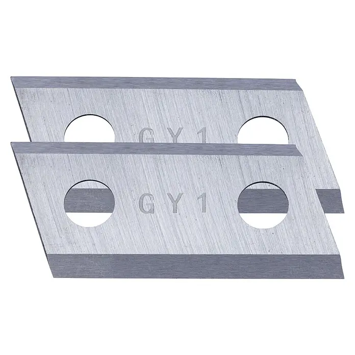 Scheppach IXES 20V Akku-Rasenmäher BC-MP380-X - 40 V, 2 Akkus, 4 Ah, Schnittbreite: 38 cm - Zwei Hobelmesser GY1 aus Metall, gestapelt, mit je zwei Löchern und der Aufschrift "GY1".