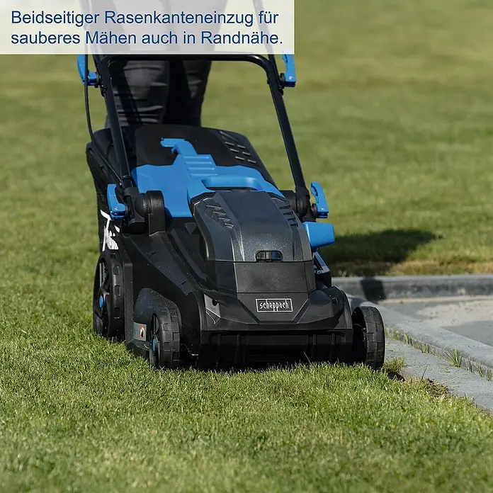 Scheppach IXES 20V Akku-Rasenmäher BC-MP380-X - 40 V, 2 Akkus, 4 Ah, Schnittbreite: 38 cm - Rasenmäher mit beidseitigem Rasenkanteneinzug für sauberes Mähen auch in Randnähe. Der Scheppach Rasenmäher sorgt für einen gepflegten Rasen.