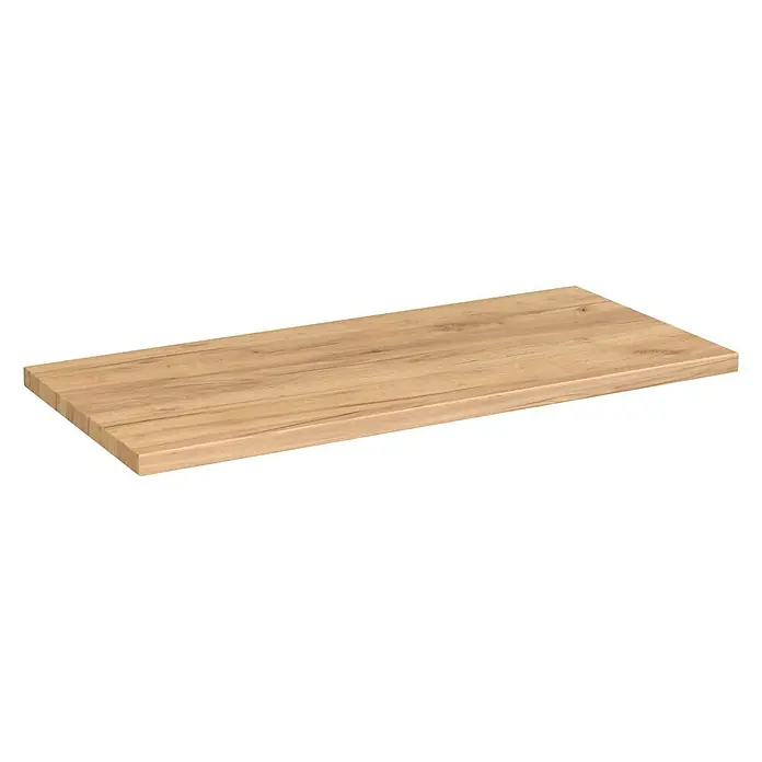 Camargue Espacio Waschtischplatte - 100 x 46 x 3,2 cm, Doce - Ein rechteckiges, hellbraunes Holzregal mit einer sichtbaren Holzmaserung vor einem neutralen schwarzen Hintergrund.