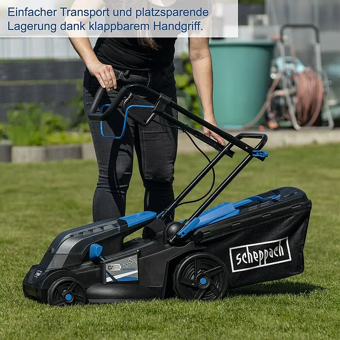 Scheppach IXES 20V Akku-Rasenmäher BC-MP380-X - 40 V, 2 Akkus, 4 Ah, Schnittbreite: 38 cm - Der Scheppach Akku-Rasenmäher bietet einfachen Transport und platzsparende Lagerung dank klappbarem Handgriff. Ideal für jeden Garten.