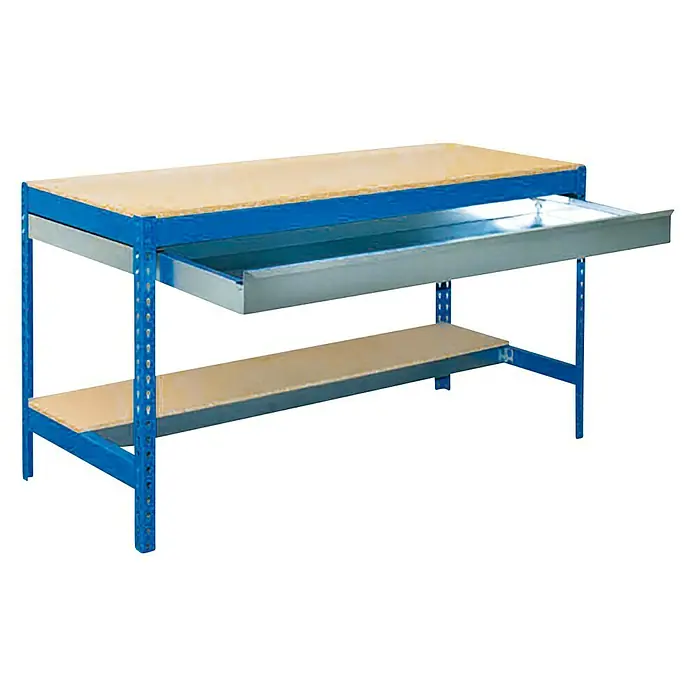 Simonrack Simonwork Banco de trabajo BT0 Box con panel 60 cm - L x An: 61 x 91 cm, Altura de trabajo: 84,2 cm, Carga soportada: 685 kg, Azul - Un banco de trabajo azul con un cajón y una superficie de almacenamiento de madera, ideal para aficionados y talleres profesionales.
