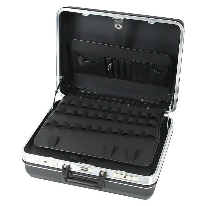 Hepco & Becker Werkzeugkoffer Budget 5072 - L x B: 430 x 510 mm, Höhe: 220 mm, ABS - Offener schwarzer Hartschalenkoffer mit silberfarbenen Beschlägen und Fächern. Ideal für professionelle Werkzeuge oder Kosmetika.