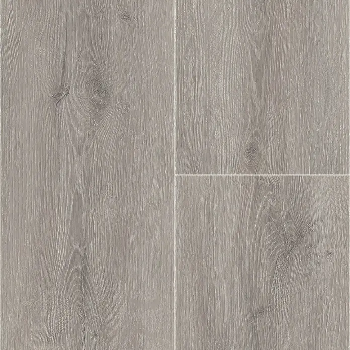 Vinylbodenmuster Rigid SPC Eiche Sombra - 280 x 160 x 3,8 mm, Landhausdiele - Nahaufnahme von hellgrauem Laminatboden in Holzoptik, der ein modernes und stilvolles Ambiente für jeden Raum bietet.
