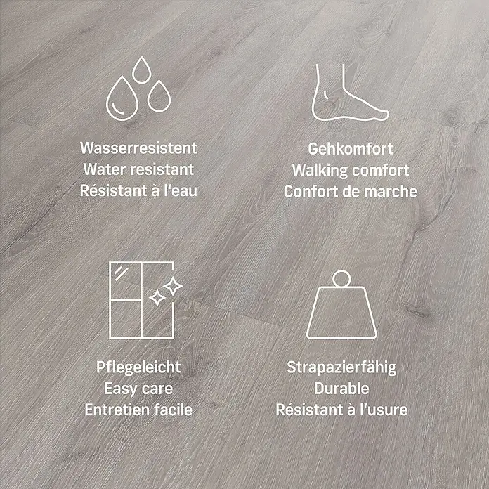 Vinylbodenmuster Rigid SPC Eiche Sombra - 280 x 160 x 3,8 mm, Landhausdiele - Die Bodenbelagsabbildung zeigt die Eigenschaften Wasserbeständigkeit, Gehkomfort, Pflegeleichtigkeit und Strapazierfähigkeit.