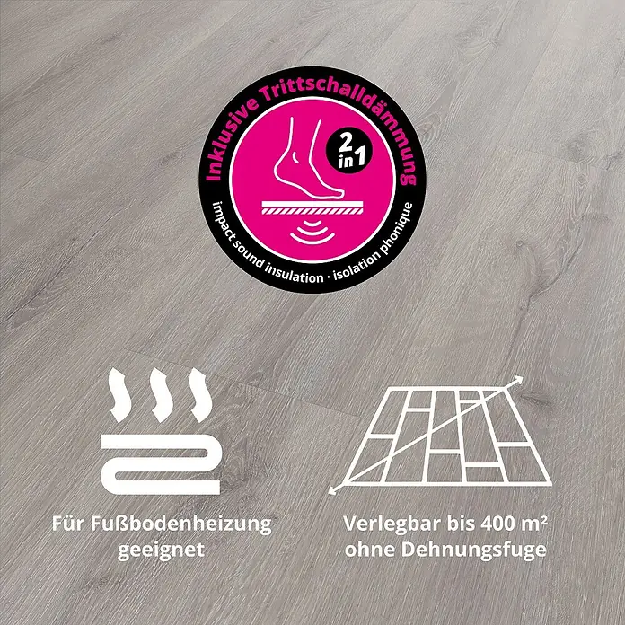 Vinylbodenmuster Rigid SPC Eiche Sombra - 280 x 160 x 3,8 mm, Landhausdiele - Produktdetails: Inklusive Trittschalldämmung, geeignet für Fußbodenheizung, verlegbar bis 400 m² ohne Dehnungsfuge.