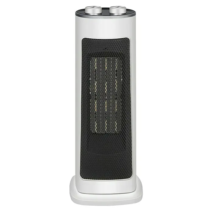 Voltomat HEATING Keramik-Heizlüfter BL-K18-J - 2.000 W, Weiß/Schwarz, 41,5 x 16,5 x 16,5 cm - Bild eines Turmheizlüfters in Weiß mit schwarzem Gitter und silbernen Bedienelementen. Kompaktes Design für effiziente Wärme.