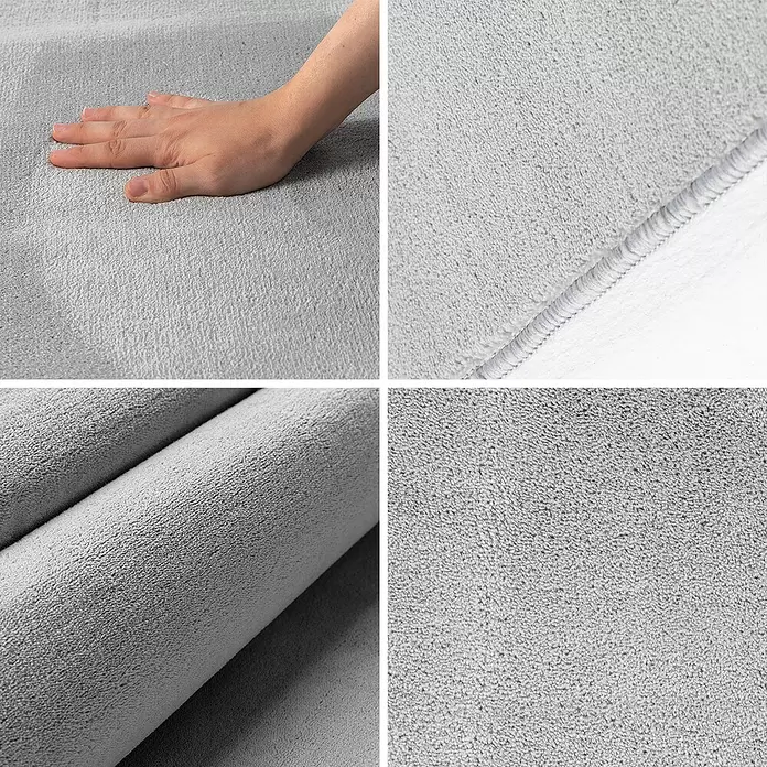 Kurzflorteppich Sky - Silber, Durchmesser: 120 cm, 100 % Polyester - Weicher, hellgrauer Plüschstoff, mit Hand zur Größenanzeige und Nahaufnahmen von Textur und sauber genähter Kante.