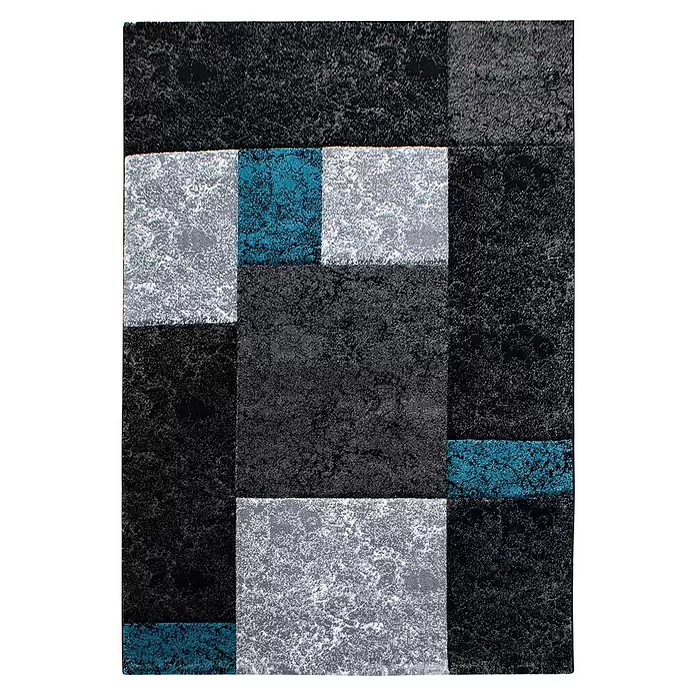 Kurzflorteppich Hawaii 1330 - Türkis, 340 x 240 cm, 100 % Polypropylen - Rechteckiger Teppich mit abstraktem geometrischem Muster in Schwarz, Grau und Türkis.