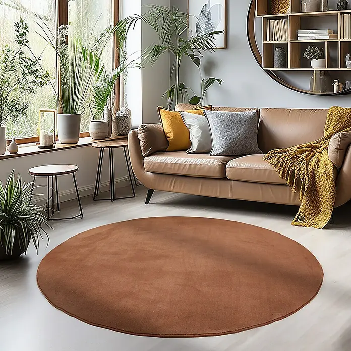 Kurzflorteppich Sky - Braun, Durchmesser: 120 cm, 100 % Polyester - Der braune, runde Teppich verleiht dem Wohnzimmer Wärme und Komfort. Passt perfekt zu den Möbeln und Pflanzen.