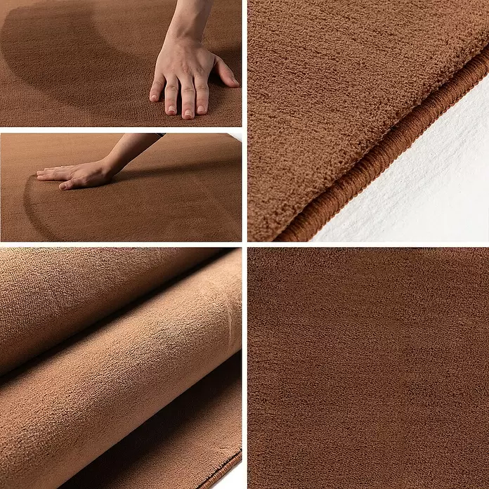Kurzflorteppich Sky - Braun, Durchmesser: 120 cm, 100 % Polyester - Weiche, texturierte braune Matte. Hände drücken hinein, um ihr plüschiges Gefühl und ihre Flexibilität zu betonen.