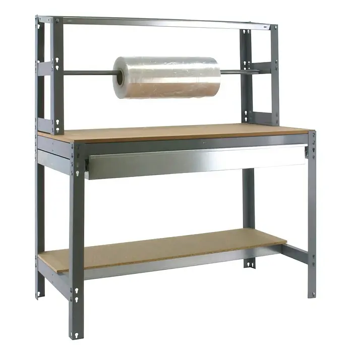 Simonrack Simonwork Banco de trabajo BT4 Box - L x An: 76 x 91 cm, Altura de trabajo: 144,5 cm, Carga soportada: 675 kg, Gris - Mesa de embalaje con dispensador de film y estante para envío. Lugar de trabajo práctico para almacenes y envíos.