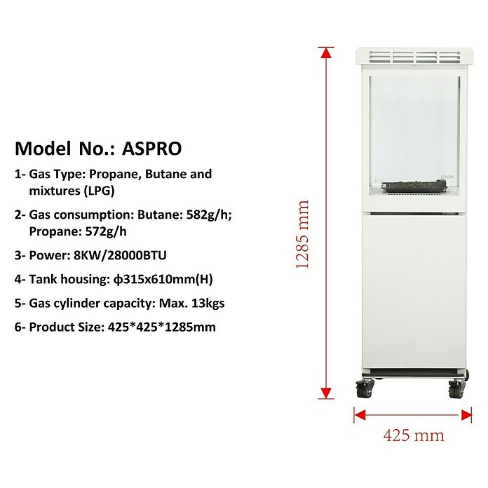 Nora Flames Estufa de exterior Aspro (8 kW, Altura: 155 cm) | BAUHAUS