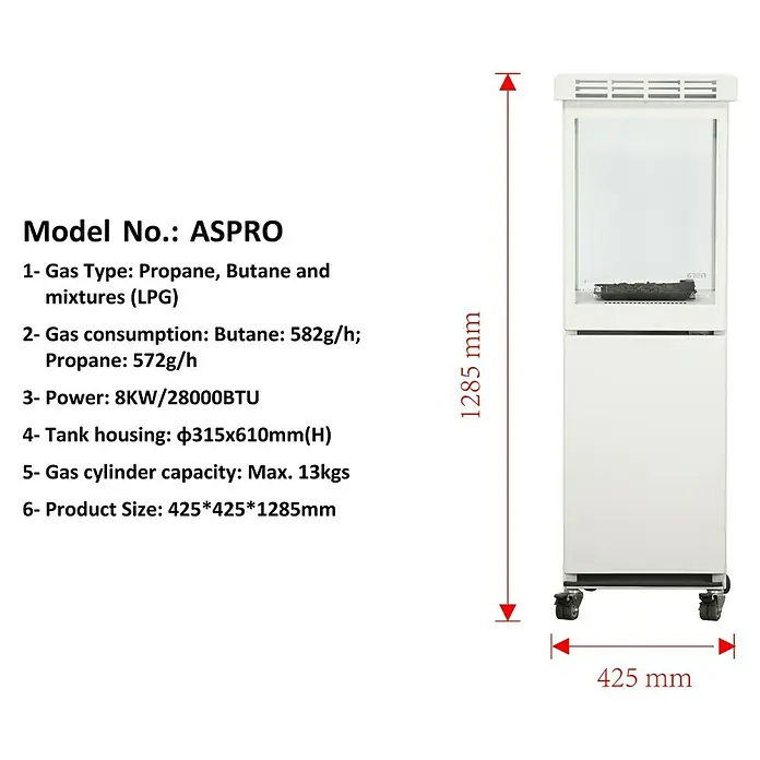 Nora Flames Estufa de exterior Aspro - 8 kW, Altura: 155 cm - Imagen del calefactor de gas ASPRO, mostrando dimensiones y especificaciones técnicas.