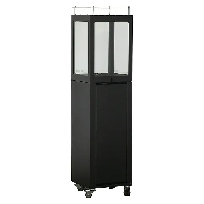 Nora Flames Estufa de pellets de exterior Ilios - 5 kW, Altura: 142 cm, Antracita - La elegante chimenea Nova Flames está sobre ruedas. La chimenea tiene tres ventanas en la parte superior y una puerta para fácil acceso abajo.