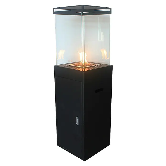 Nora Flames Estufa de exterior Babel - 10 kW, Altura: 155 cm - Un elegante calefactor de patio negro con estructura de vidrio y llama visible, que ofrece calidez y ambiente a los espacios exteriores.