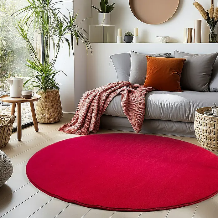 Kurzflorteppich Sky - Rot, Durchmesser: 120 cm, 100 % Polyester - Der rote Teppich ist ein Hingucker im Raum. Er verleiht dem Raum Wärme und Gemütlichkeit.